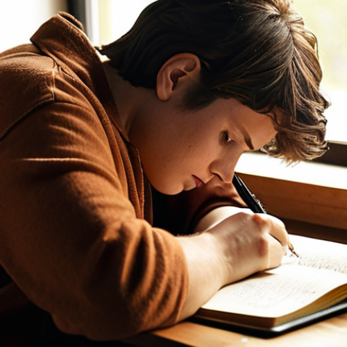 Home 15 **
A person sitting at a desk, writing in a journal. Soft, natural light illuminates the scene. Pens and notebooks are scattered around. The person is focused and thoughtful, perhaps with a slightly furrowed brow. The overall feeling is one of introspection and mindful reflection. Focus on warm, inviting colors.
**