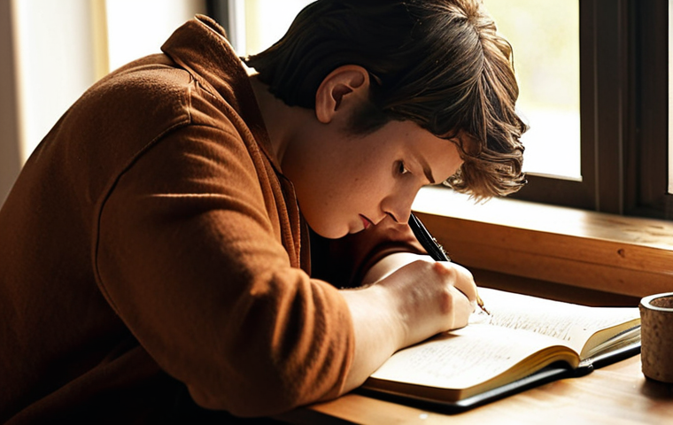 **
A person sitting at a desk, writing in a journal. Soft, natural light illuminates the scene. Pens and notebooks are scattered around. The person is focused and thoughtful, perhaps with a slightly furrowed brow. The overall feeling is one of introspection and mindful reflection. Focus on warm, inviting colors.
**