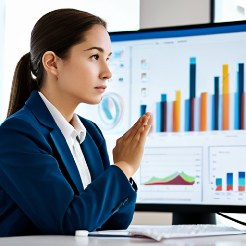 Home 7 A professional woman in a modest business blazer and collared shirt, seated calmly at a sleek, minimalist desk in a bright, modern office. She looks thoughtfully at a large, abstract data visualization on her monitor, her expression serene and focused, symbolizing metacognitive clarity amidst digital information. The background is softly blurred with a hint of natural light. High-resolution professional photography, perfect anatomy, correct proportions, natural pose, well-formed hands, proper finger count, natural body proportions, fully clothed, modest clothing, appropriate attire, professional dress, safe for work, appropriate content, family-friendly, high quality.