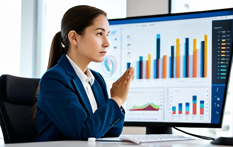 A professional woman in a modest business blazer and collared shirt, seated calmly at a sleek, minimalist desk in a bright, modern office. She looks thoughtfully at a large, abstract data visualization on her monitor, her expression serene and focused, symbolizing metacognitive clarity amidst digital information. The background is softly blurred with a hint of natural light. High-resolution professional photography, perfect anatomy, correct proportions, natural pose, well-formed hands, proper finger count, natural body proportions, fully clothed, modest clothing, appropriate attire, professional dress, safe for work, appropriate content, family-friendly, high quality.