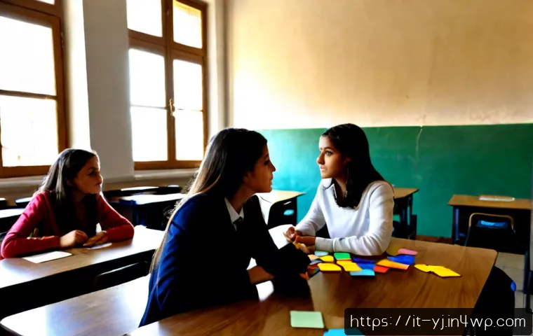 Home 17 메타인지 훈련을 위한 커리큘럼 개발 - Photorealistic Italian middle-school classroom, thoughtful teacher guiding a small group of diverse ...